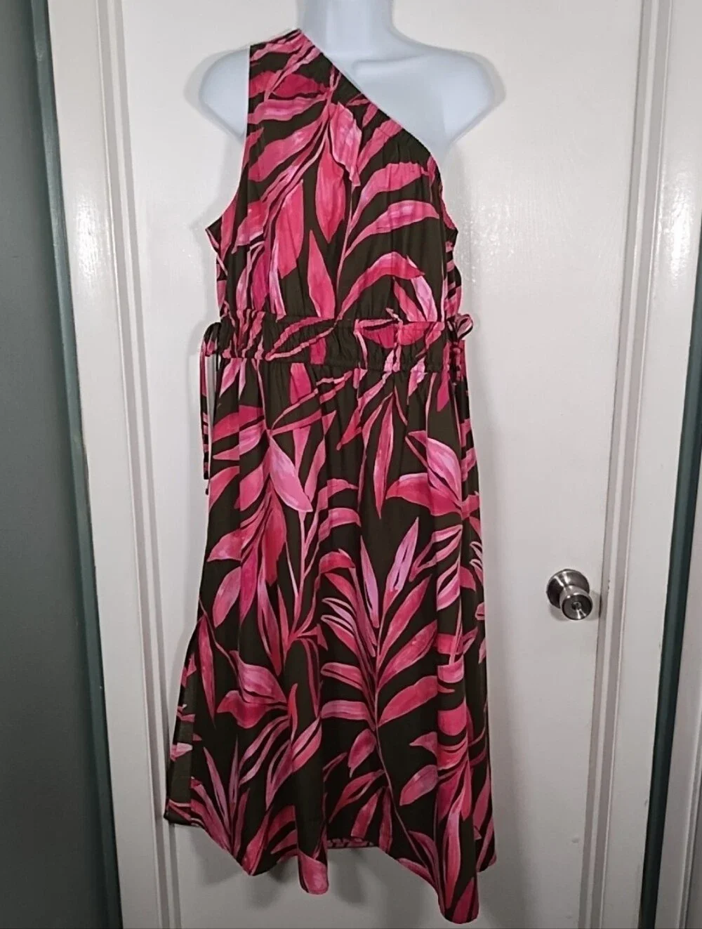 Time and Tru Women's XL One Shoulder Cotton Midi Dress Pink Olive/Gray Pockets